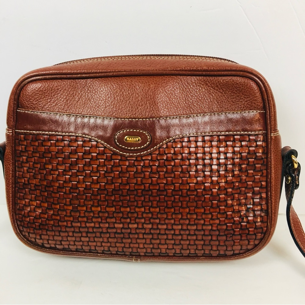 BALLY Woven Cognac Soft Leather Crossbody Bag 10” x 7” x 3” - Picture 5 of 12